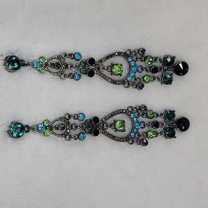 Dangly Blue, Green, Turquoise, Purple Post Back Earrings 4.25" Long